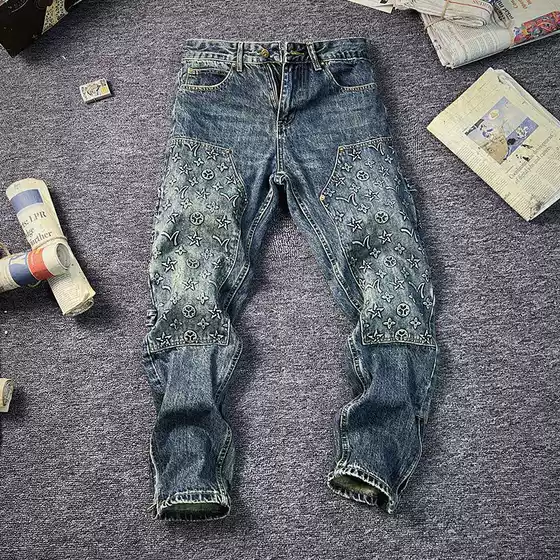 2024 Fall New Men's Jeans American Retro Style Brand Embossed Distressed Straight Leg Loose Monkey Patch Stretch