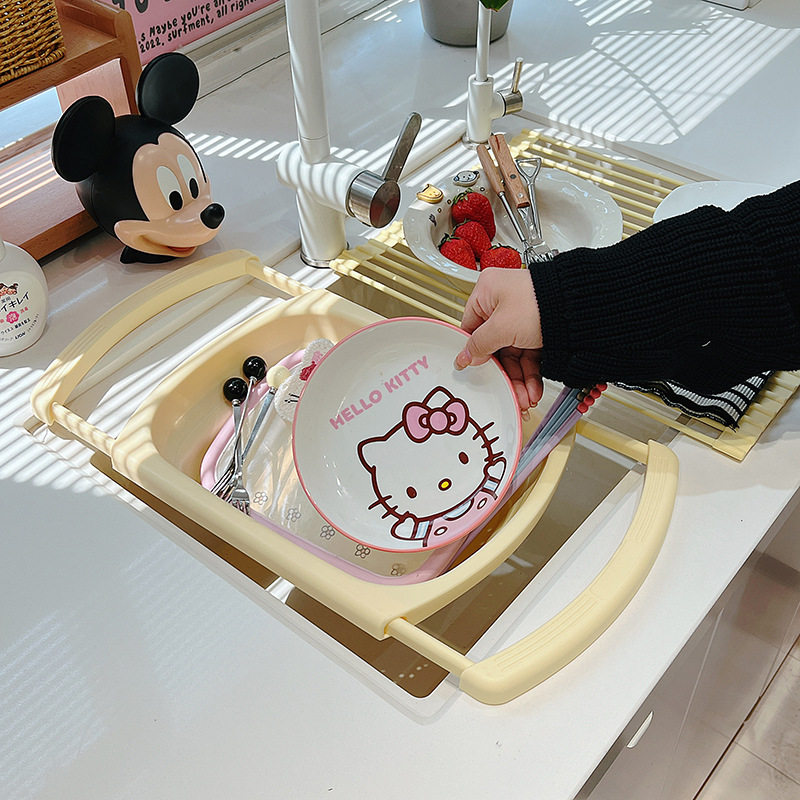 Ins Cream Drain Rack Kitchen Household Retractable Foldableing Dish Basket Dish Drain Rack Fruit Washing Basket