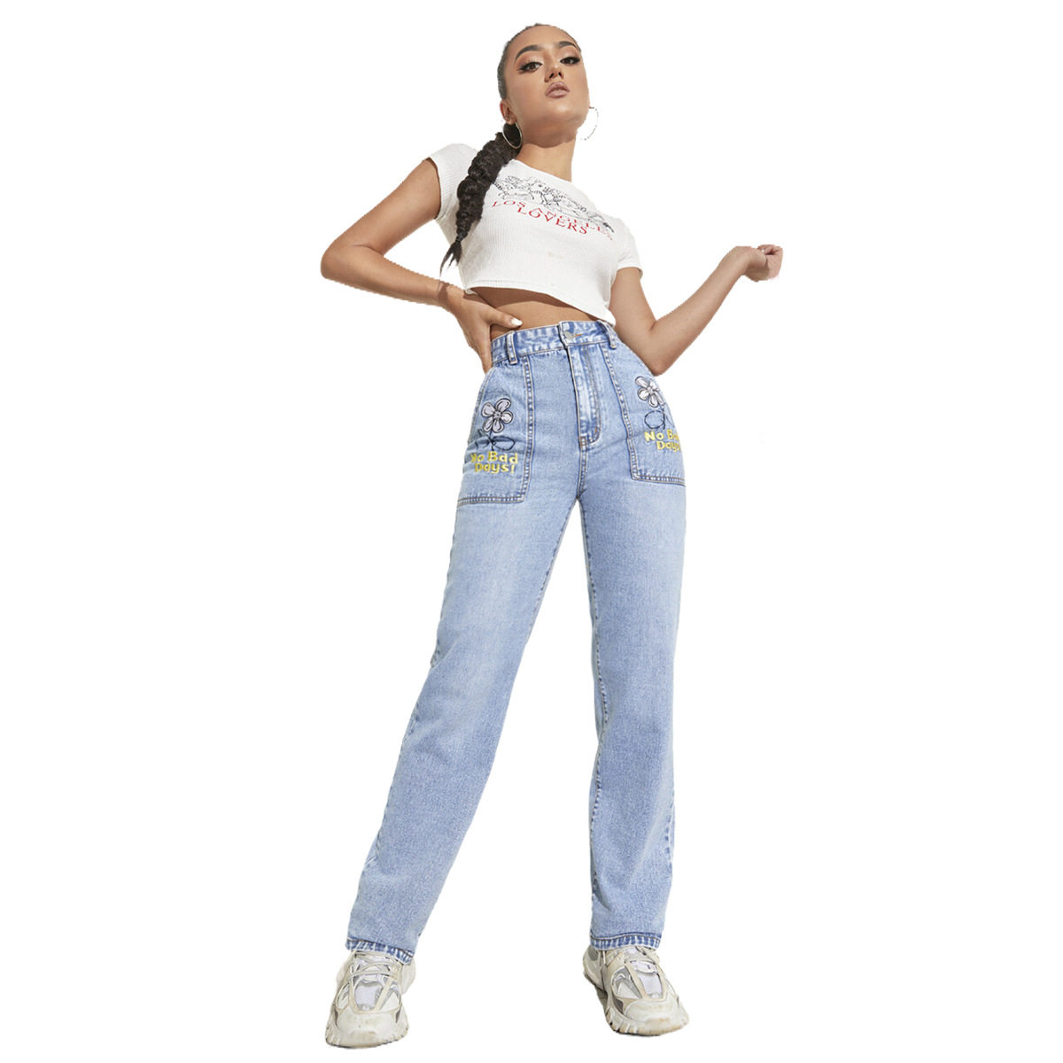 High Waisted Wide Leg Stretch Denim Pants Slim Fit Color Block Design Spring Fall Fashion Wholesale Available