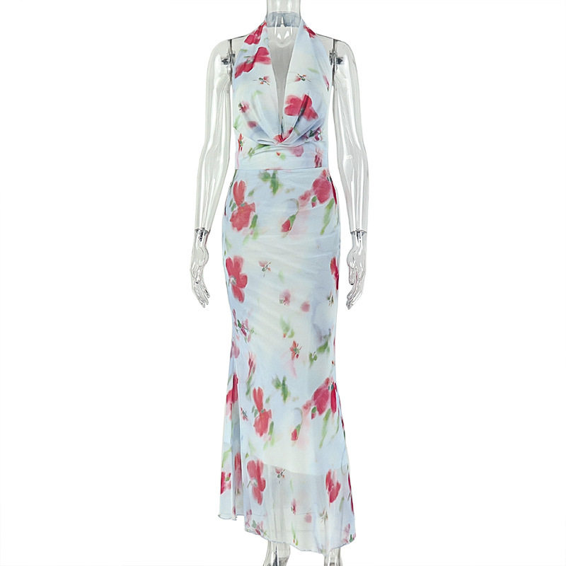 Casual Floral Print Maxi Dress Waist Defining Backless Elegant Style Perfect for Parties and Summer Events