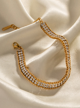 欧美ins风18K金双层白色锆石手链跨境百搭钛钢不掉色手链夸张饰品