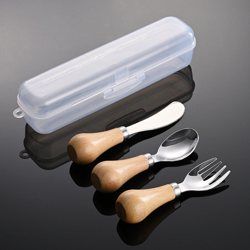 Erne 304 Stainless Steel Short Round Wooden Handle Portable Western Tableware Knife and Fork Spoon Children's Maternal and Infant Feeding Tableware Gift