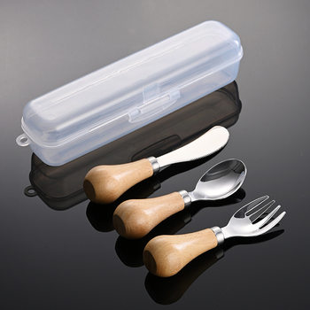 Erne 304 Stainless Steel Short Round Wooden Handle Portable Western Tableware Knife and Fork Spoon Children's Maternal and Infant Feeding Tableware Gift