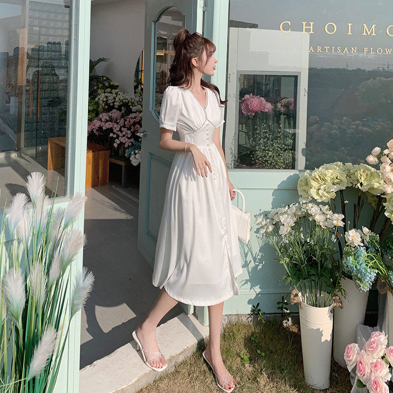 Đầm maxi nữ thắt eo cổ chữ V tay ngắn họa tiết kim cương — Trắng chi tiết 7