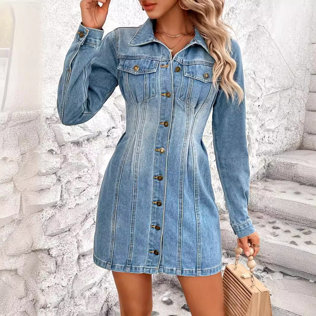 Vintage Slim Fit Long Sleeve Denim Dress Waist Defining Elegant Style Perfect for Casual Outings Ready to Ship