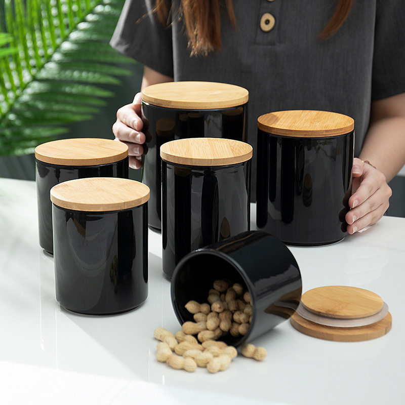 Ceramic Sealed Jar Combination Porcelain Lid Wooden Lid Kitchen Coffee Coarse Grain Biscuit Snack Storage Jar Spice Jar Wholesale