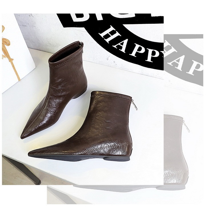 Boot nữ cổ thấp gót vừa khóa kéo sau, mũi nhọn tôn dáng, phong cách cổ điển dễ phối đồ — Lớp lót đơn màu đen, Lớp lót đơn màu nâu sẫm, Lớp lót nhung đen, Nhung màu nâu sẫm