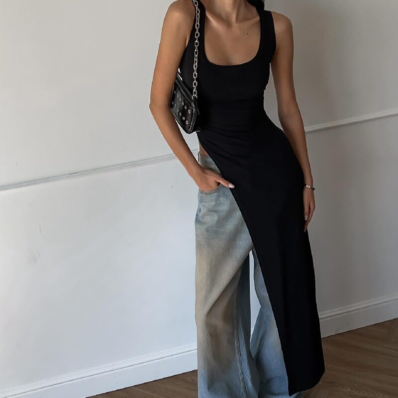 Womens Long U Neck T Shirt Irregular Hem High Slit Solid Color Trendy Autumn Fashion Wholesale Available
