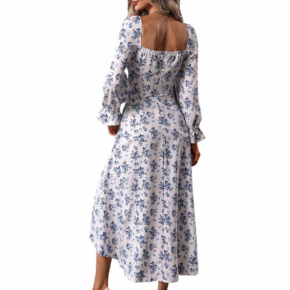 Floral Print Maxi Dress Square Neck High Waist Elegant Style Spring Summer Fashion Wholesale Available