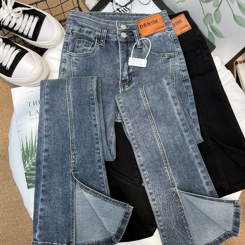 High Waisted Flared Denim Pants for Women Split Hem Loose Fit Slimming Design Trendy Spring and Autumn Style