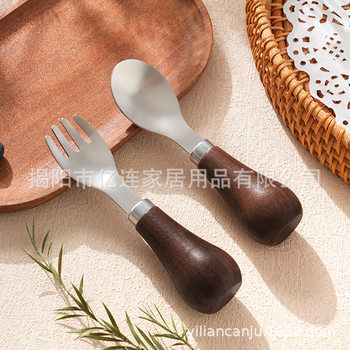 Walnut Series 316 Stainless Steel Tableware Walnut Solid Wood Handle Kidsren's Fork and Spoon Kidsren's Feeding Tableware