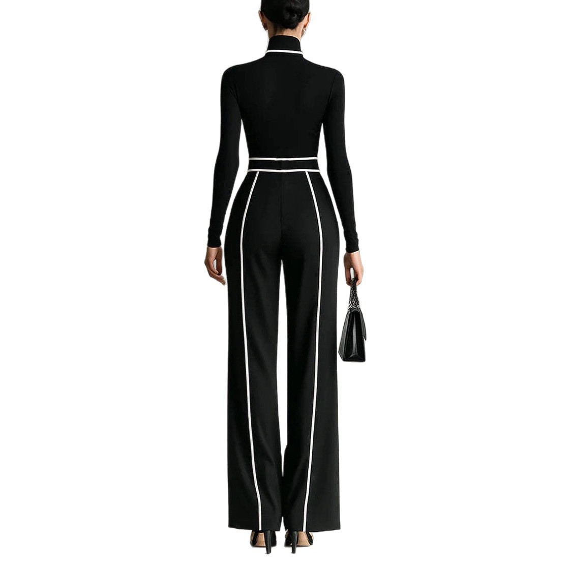 Womens Color Block Long Sleeve Top and High Waisted Wide Leg Pants Set Winter Collection Casual Chic Style Wholesale