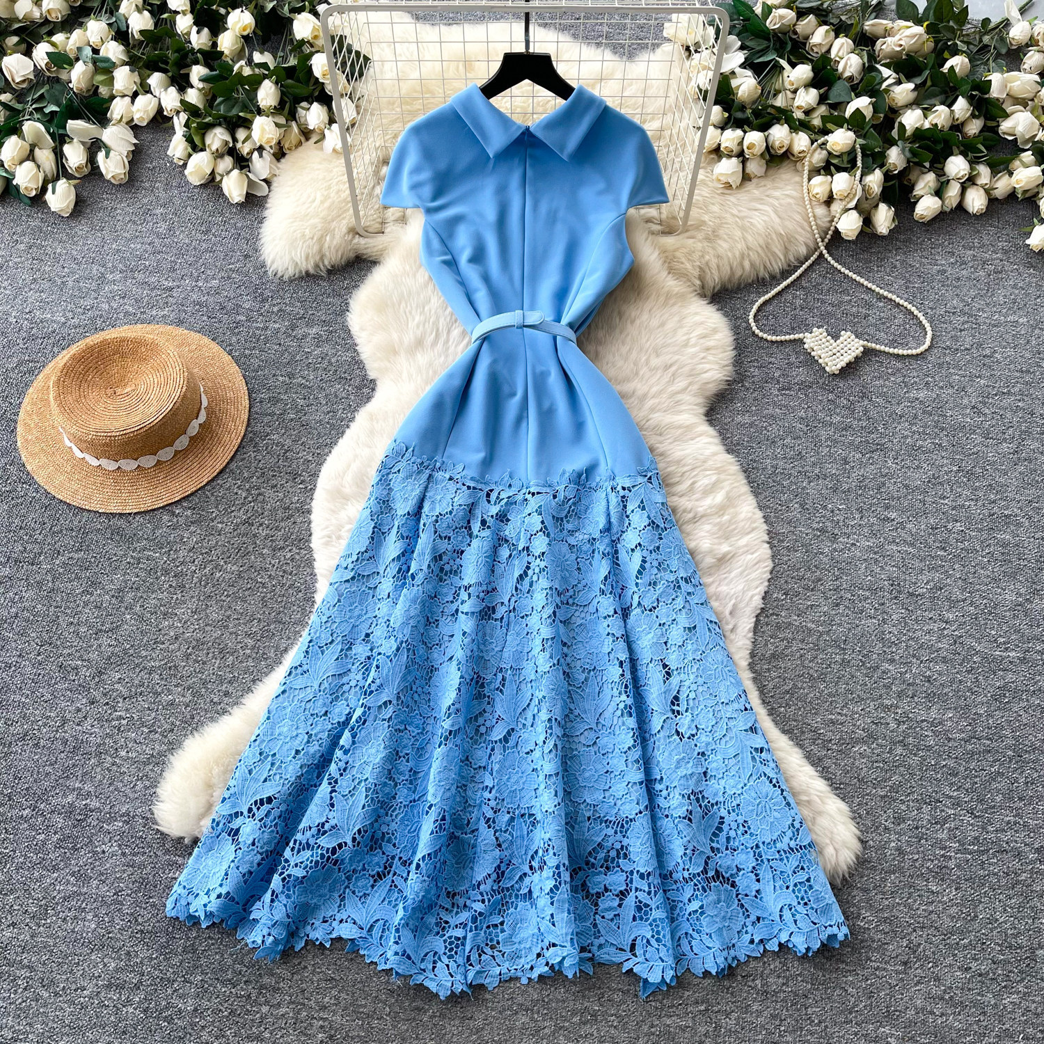 Lace Trimmed A Line Dress High Waist Slim Fit Elegant Style Summer Fashion for Women Wholesale Available