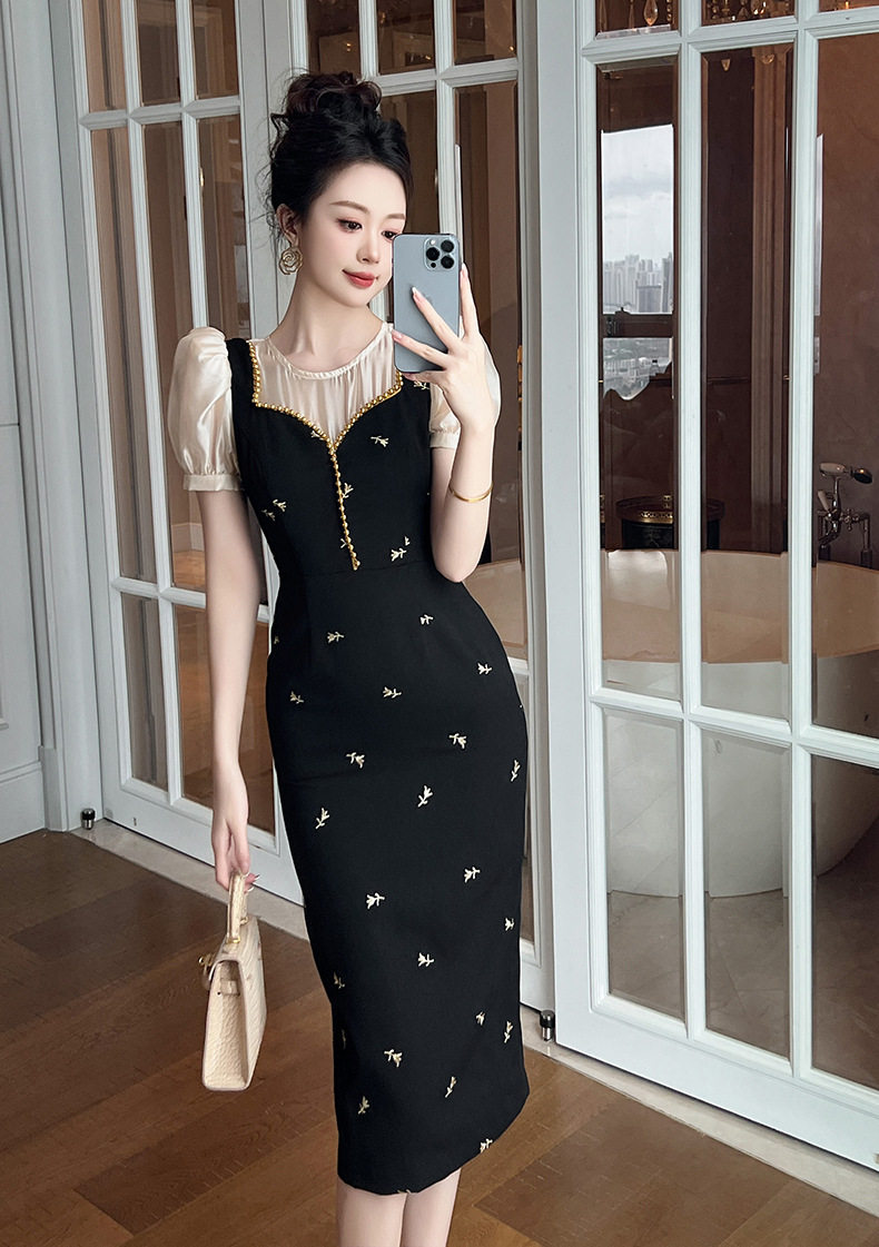 Đầm ôm body nữ cổ tròn tay bồng phong cách Pháp — [Đen] chi tiết 4