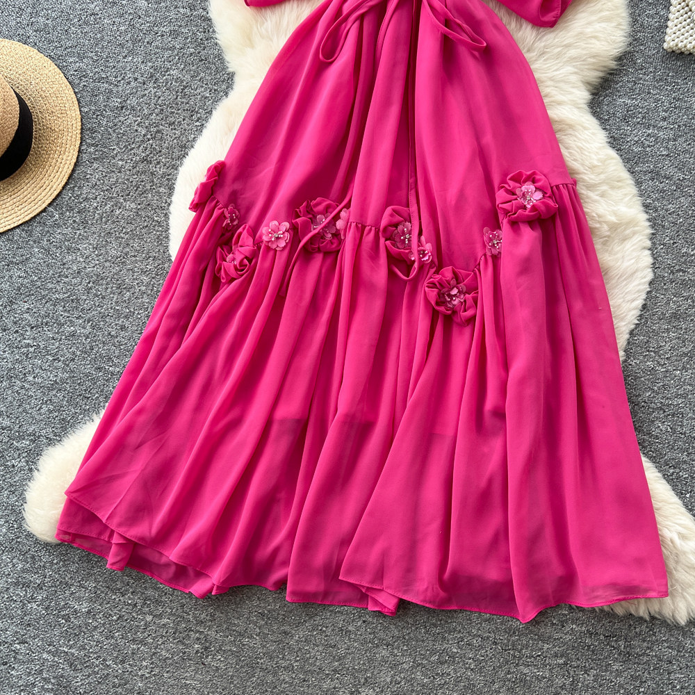 Elegant Summer A Line Dress for Women High Waist 3D Floral Design Long Sleeve Perfect for Formal Occasions