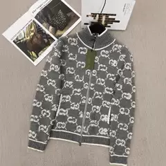 Shenzhen High Version Nanyou g Brand 25 Autumn and Winter New Towel Embroidered Stand Collar Zipper Double g Full Print Knitted Wool Cardigan
