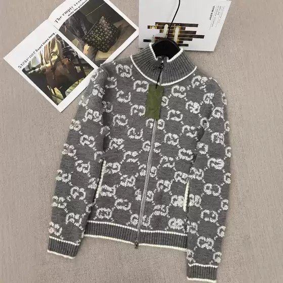 Shenzhen High Version Nanyou g Brand 25 Autumn and Winter New Towel Embroidered Stand Collar Zipper Double g Full Print Knitted Wool Cardigan