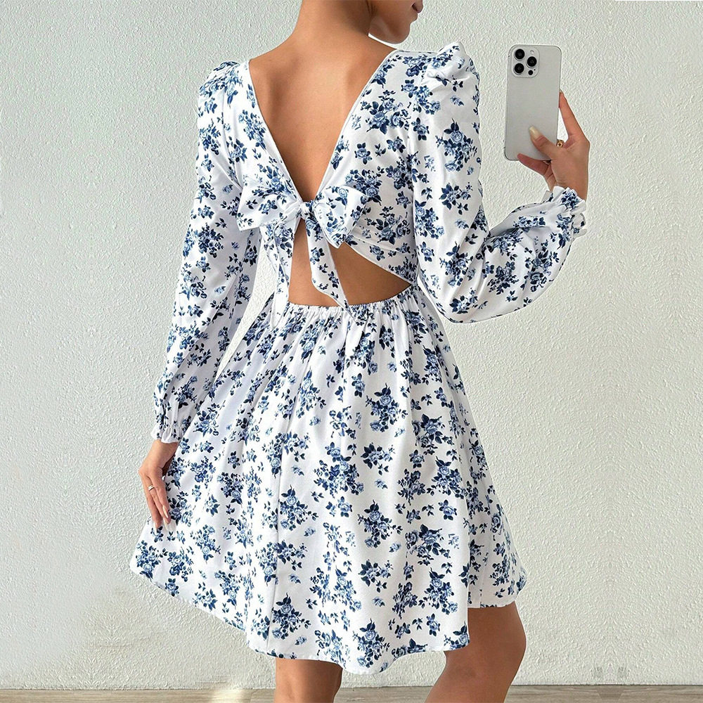 Elegant French Style Square Neck Dress High Waist Backless Floral Print Spring Summer Casual Wear Wholesale