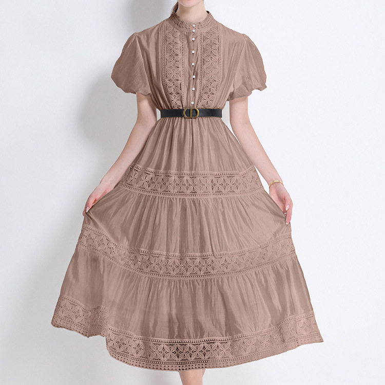 Summer Vintage Lace Hollow Out Long Maxi Dress with Round Neck Button Closure Puff Sleeves and Belt Elegant Womens