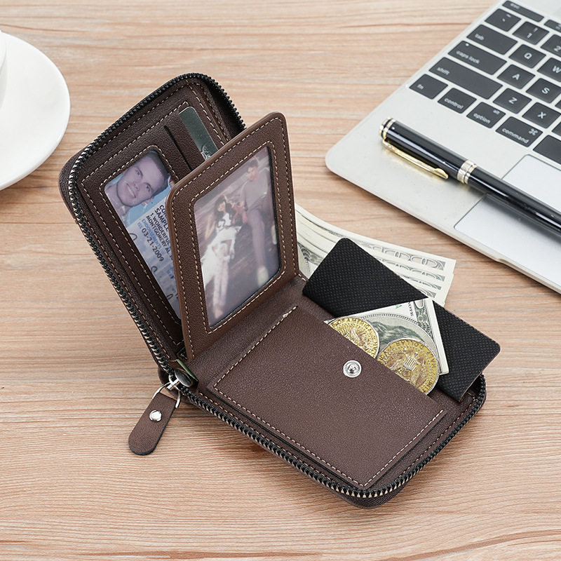 New men's short stone pattern wallet horizontal edge zipper small wallet split leather horizontal multi-card card holder