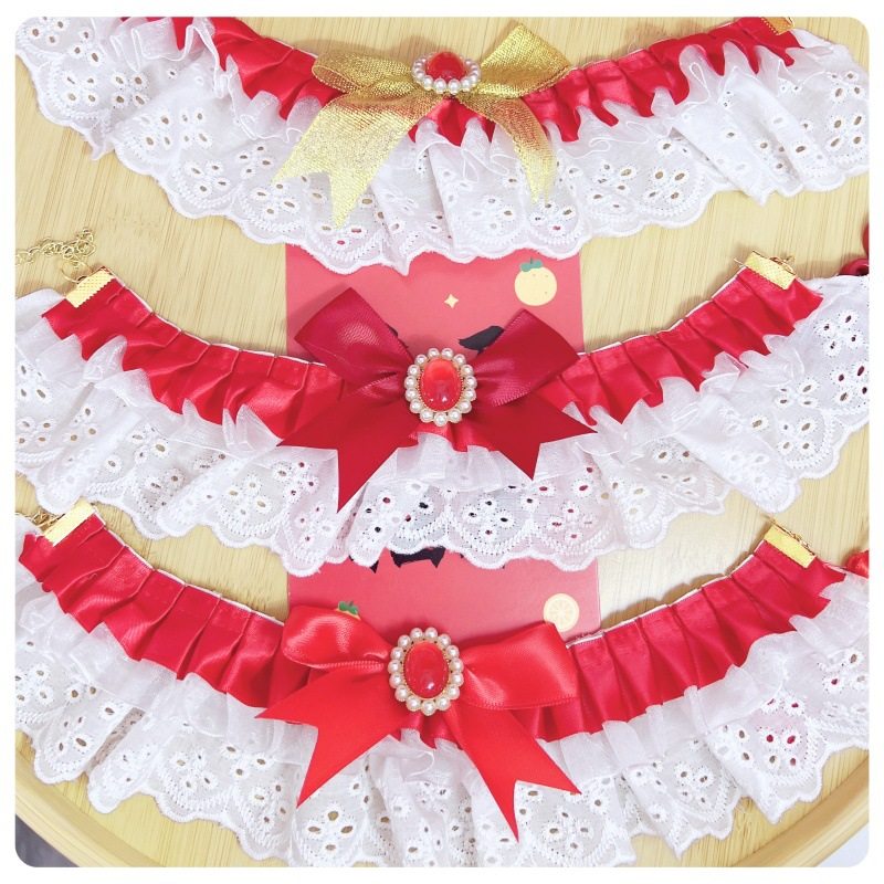 2025 Cross-Border New Festive Red Gemstone Collar Cat Elegant White Lace Collar Dog Collar
