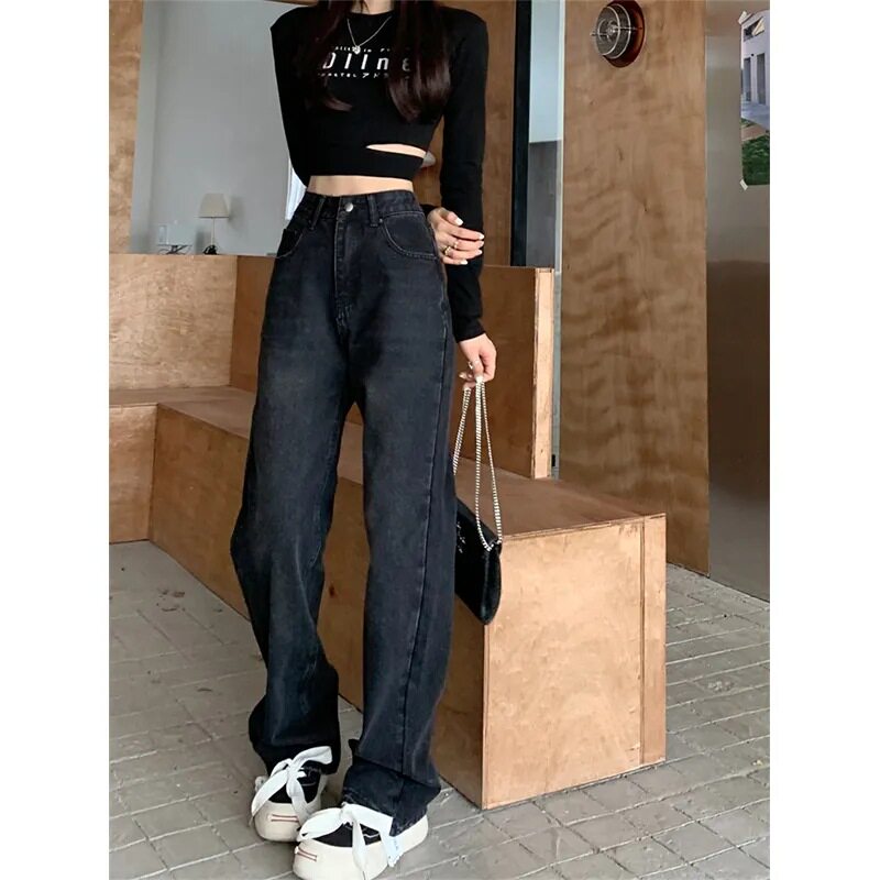 High Waisted Vintage Wide Leg Jeans for Women Distressed Hem Loose Fit Spring Fashion Wholesale Available