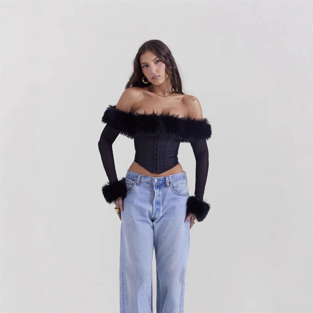 Winter Womens Fashion Sexy Off Shoulder Long Sleeve Top Sheer Mesh Irregular Hem Cozy Fabric Wholesale Available