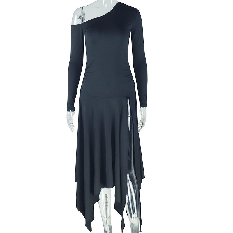 Fashionable Womens Irregular Hem Dress Slim Fit Solid Color One Shoulder Long Sleeve Side Slit Casual or Evening