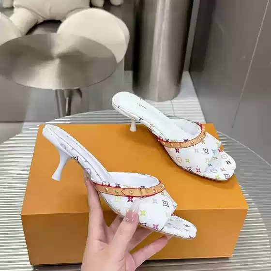 European and American 2025 Spring and Summer New Denim One-Line Open-Toe Sandals for Women Printed Cat Heel High-Heeled Women's Shoes Classic