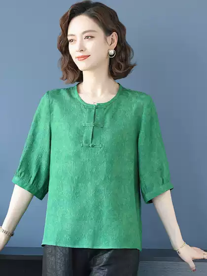 New Chinese-Style Xiangyun Silk 100% Silk T-Shirt for Women, Summer Loose-Fitting Mom's Wear, Traditional Chinese Style with Button Design, Stylish and Age-Reducing Top