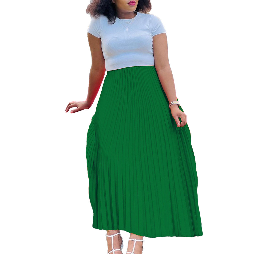 Plus Size Womens Long Pleated Skirt Solid Color High Waist Flared Design Autumn Fashion for Casual Wear Wholesale
