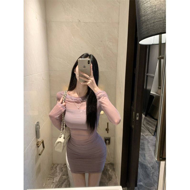 Cross-Border Wholesale Hot Girl Retro Sexy Long-Sleeved Mesh Top Spring Pure Desire Tight-Fitting Hip-Hugging Short Skirt Two-Piece Set