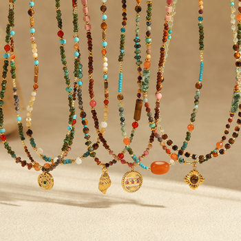 European and American New Style Light Luxury Fashion Natural Stone Necklace Stainless Steel Clavicle Chain Fresh Small Multi-Treasure Retro Style Necklace