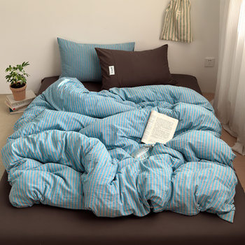 Pure Cotton Yarn-Dyed Washed Cotton Four-Piece Bedding Set Japanese Style Unprinted Manufacturer Pure Cotton Fitted Bed Sheets Wholesale Supply