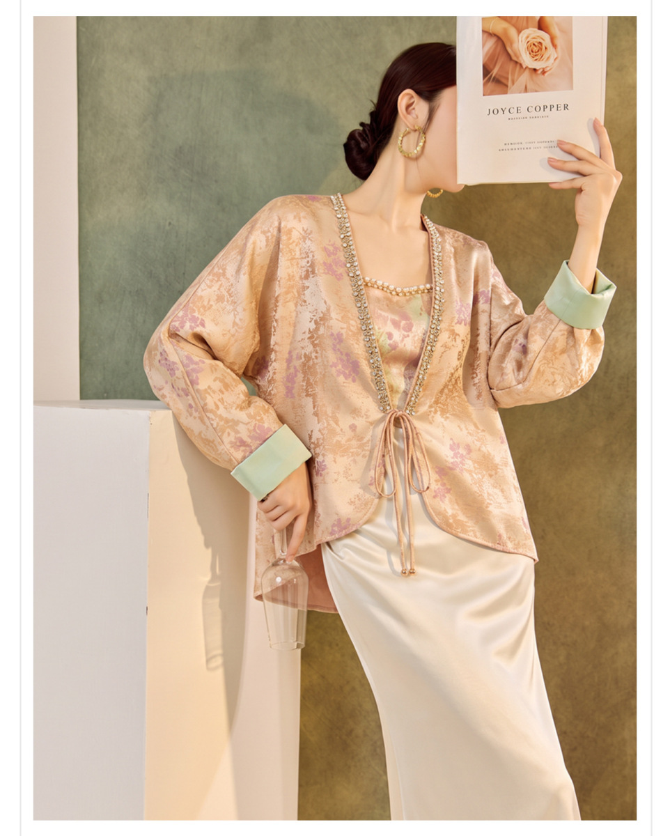 Bộ đầm nữ hai mảnh áo khoác cardigan dài tay buộc dây kèm váy hai dây dáng đuôi cá — Áo khoác (giao hàng trong 7 ngày), Váy hai dây (giao hàng trong 7 ngày), Bộ sản phẩm (giao hàng trong 7 ngày)