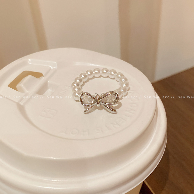 韩国轻奢高级感锆石珍珠戒指女复古小众设计蝴蝶结指环戒开口手饰