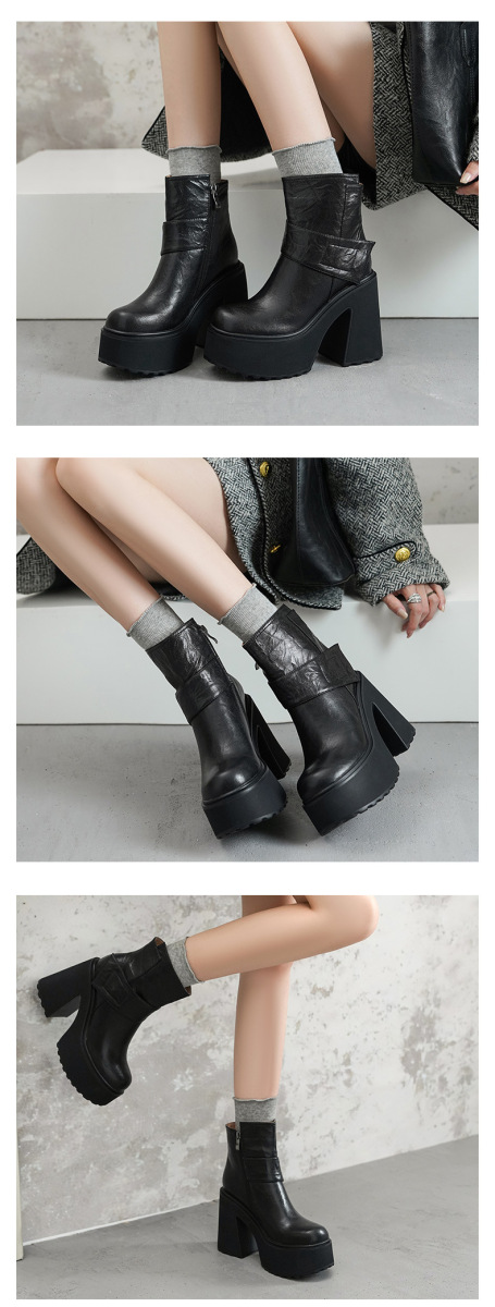 Boot nữ da cừu gót thô đế dày tăng chiều cao khóa kéo bên hông — Lớp lót đơn màu đen, Lớp lót đơn màu nâu, Lót nhung đen, Lót nhung màu nâu