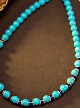 复古时尚串珠松石项链中古vintage蓝色珐琅民族新中式锁骨链手链