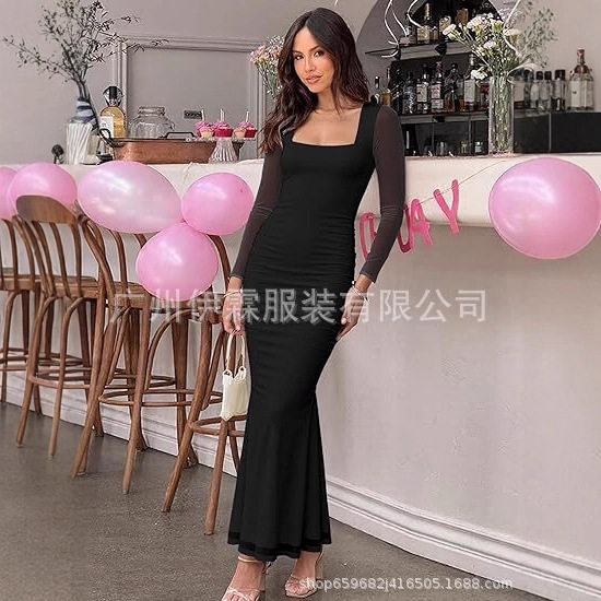 2025跨境欧美亚马逊网纱袖子拼接U领紧身长裙连衣裙礼服女士