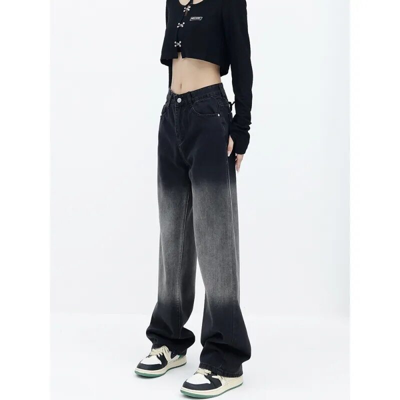 Black Gradient Straight Leg Jeans for Women High Waist Casual Slim Fit Korean Style Spring Fashion for Students