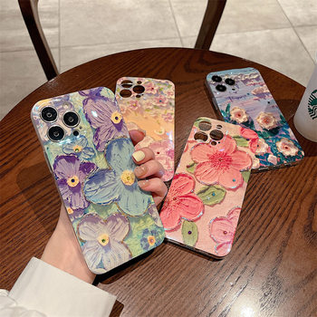 Blue light rhinestone oil painting flowers for iPhone15promax mobile phone case Samsung S23 fresh apple 15pro