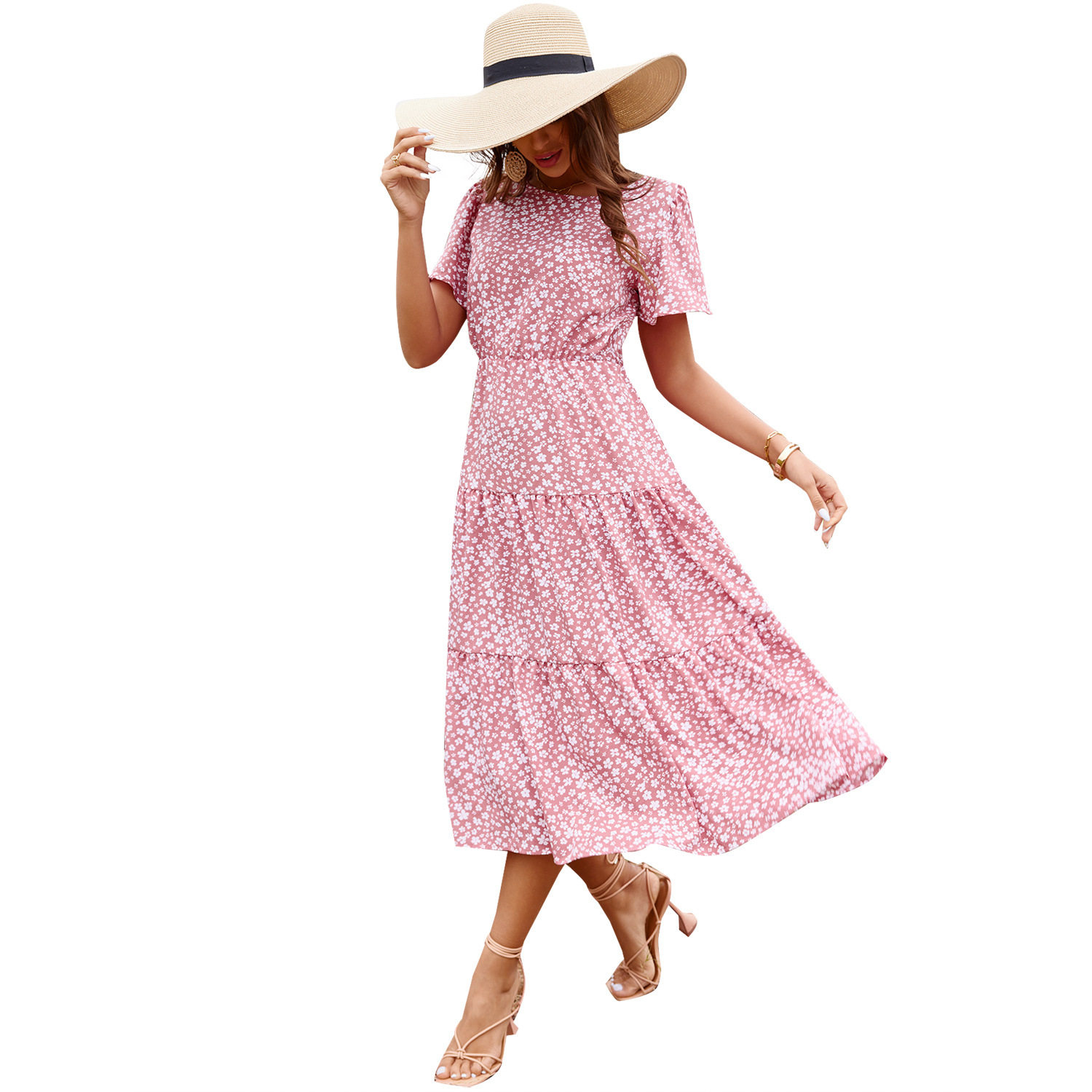 Floral Print Short Sleeve Dress Elegant Vacation Style Perfect for Summer Occasions Available for Wholesale