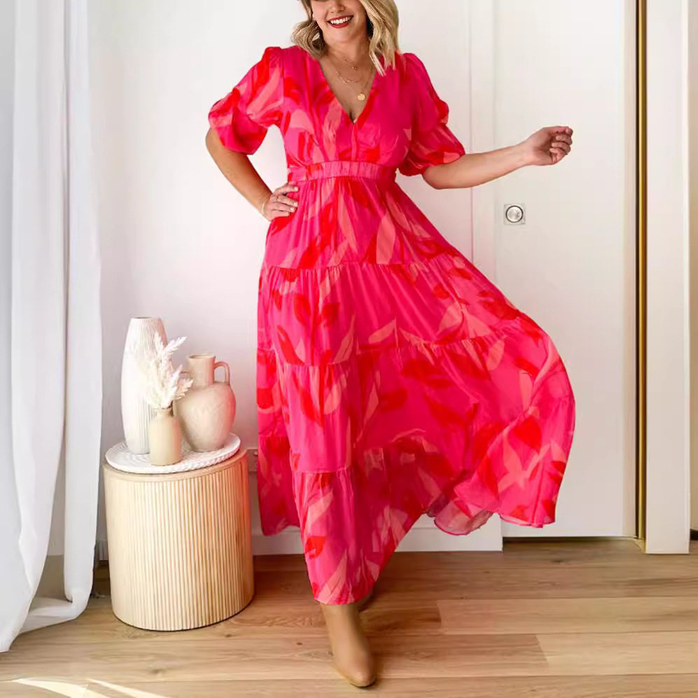 Summer Floral Print V Neck Dress Waist Defining Elegant Style Perfect for Casual Outings or Parties Wholesale
