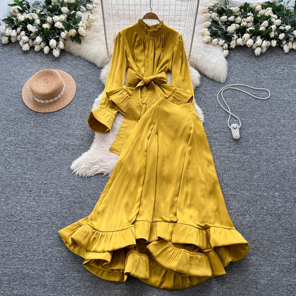 Womens Satin Long Sleeve Top with Tie Waist High Waist Flared Ruffle Hem Skirt Elegant Fall Two Piece Set Wholesale