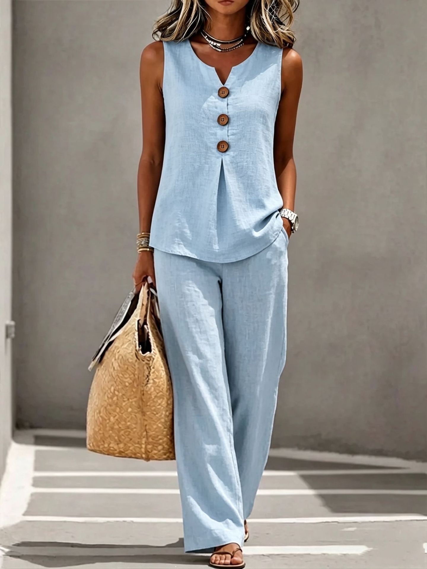 Sleeveless Button Up Top and Long Pants Set Comfortable Solid Color Summer Style Womens Casual Wear Wholesale