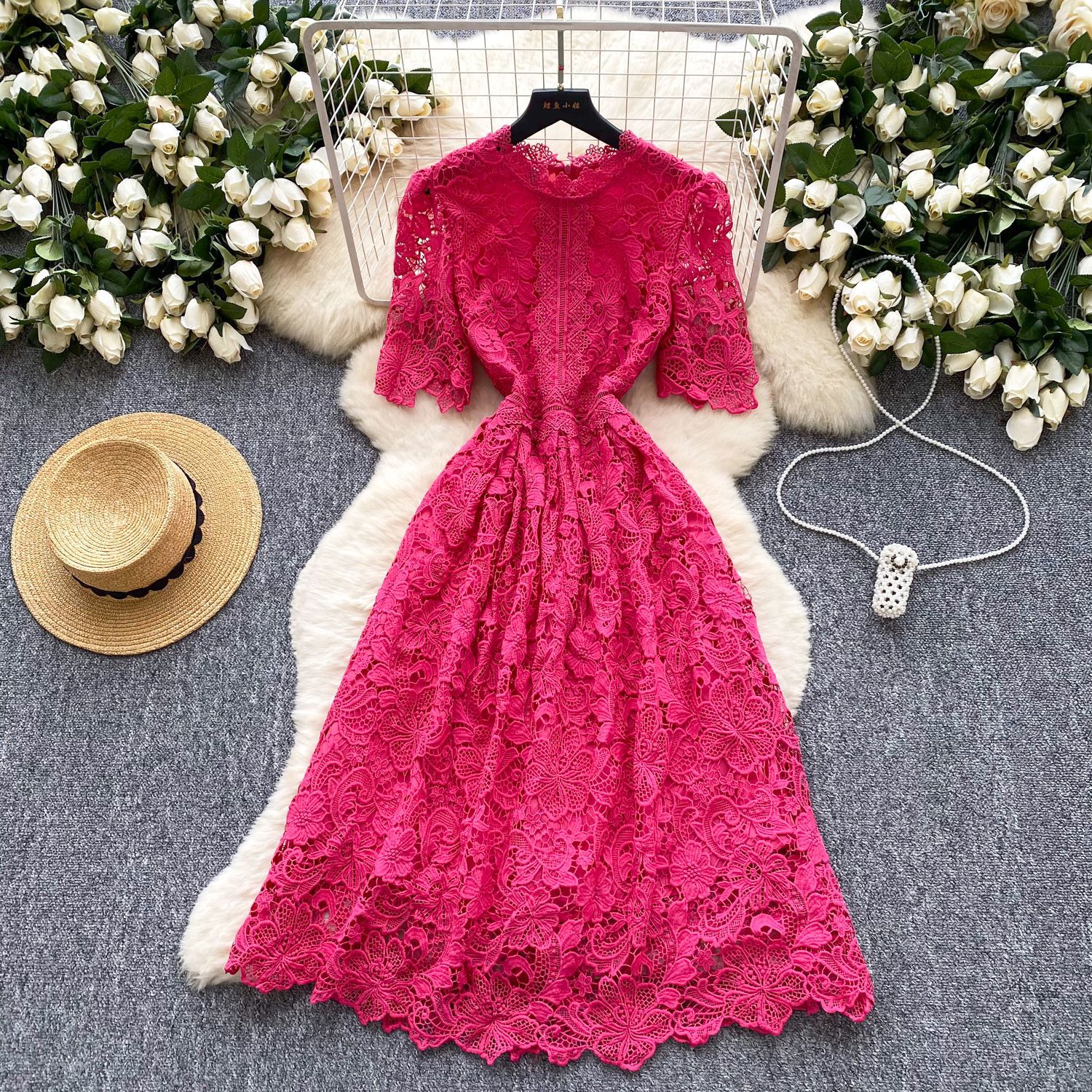 Lace Short Sleeve A Line Dress for Women Elegant Hollow Out Design Summer Cocktail Party Wear