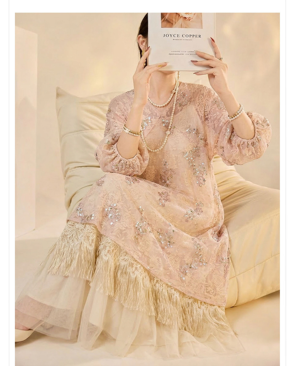 Đầm dài hai dây hoa thêu tay lỡ dáng xòe nữ — Hồng đào sương (giao hàng 7 ngày), Hồng đào sương (giao hàng trong ngày)