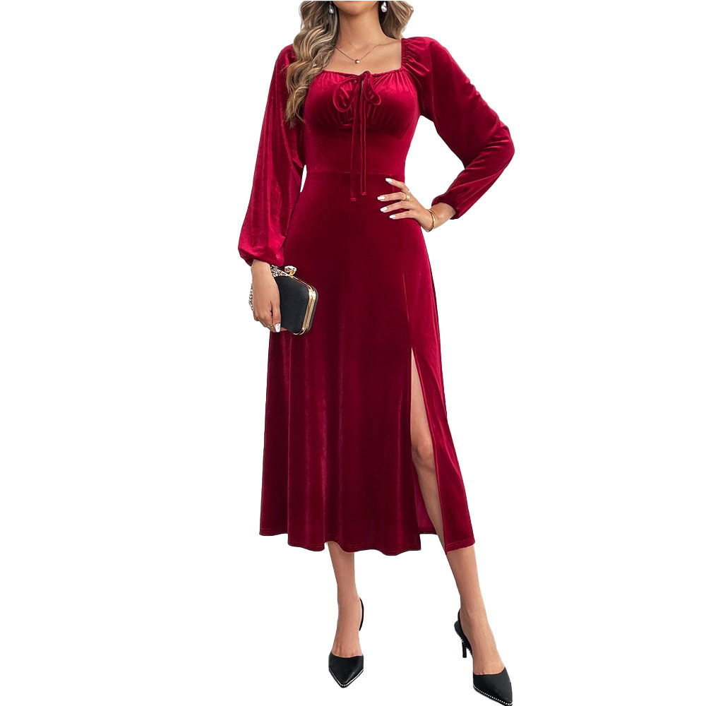 Velvet Long Sleeve Dress Sexy Split Design Waist Cinching Square Neck Puff Sleeves Evening Party Wear Wholesale