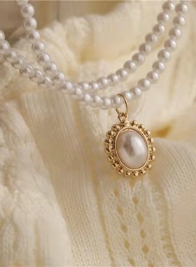 珍珠项链女轻奢设计感小众韩国复古双层锁骨链级2023年新款女配饰