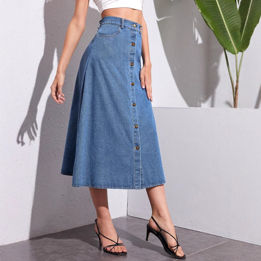High Waisted Denim Midi Skirt Button Detail Trendy Design Casual Style Wholesale Availability